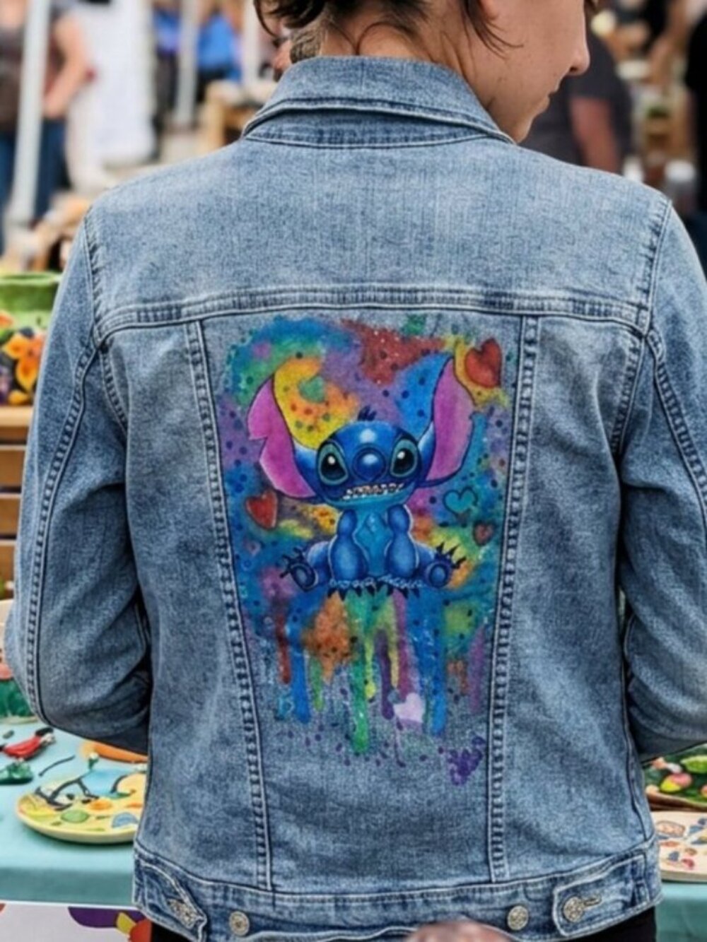 Hand Painted Denim Jacket with Colorful Panel Accents Cartoon